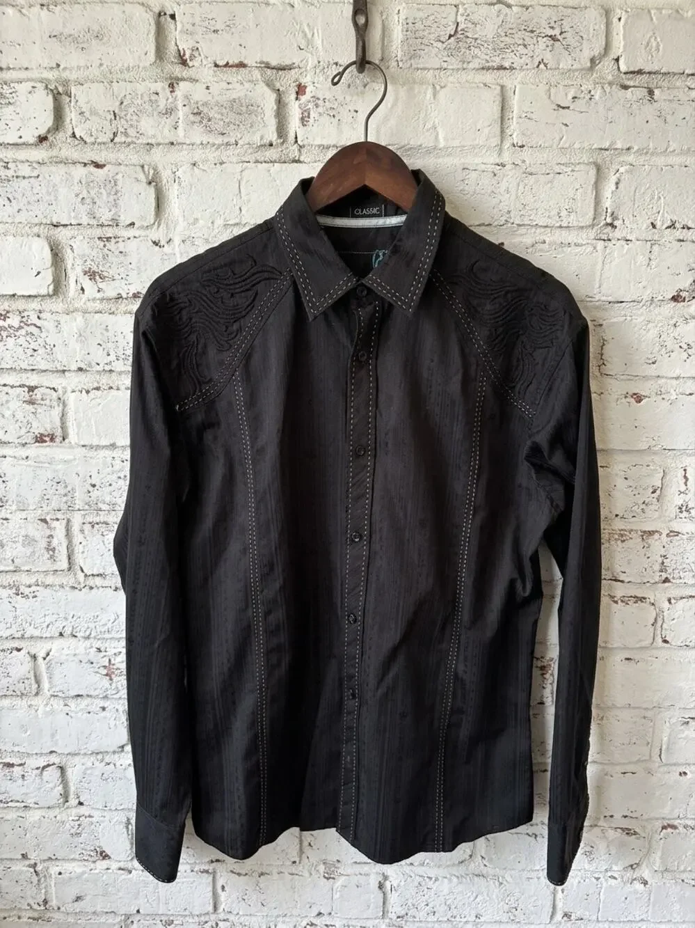 Roar Embroidered Wings Button Down Shirt Black Western Y2K Cyber Grunge Rocker⁠